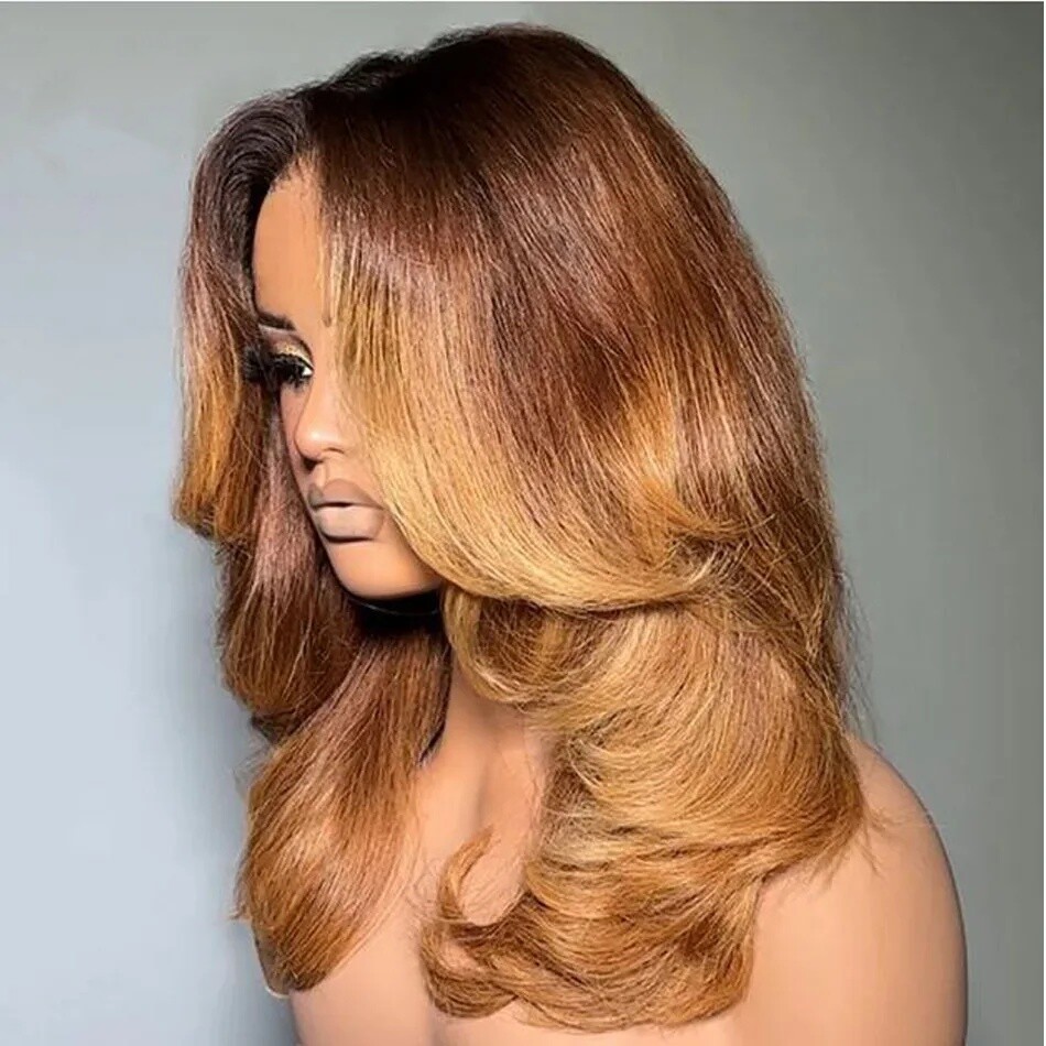 Ombre Light Brown Layered Cut Wavy 4×4 Lace Front Human Hair Wigs Pre Plucked