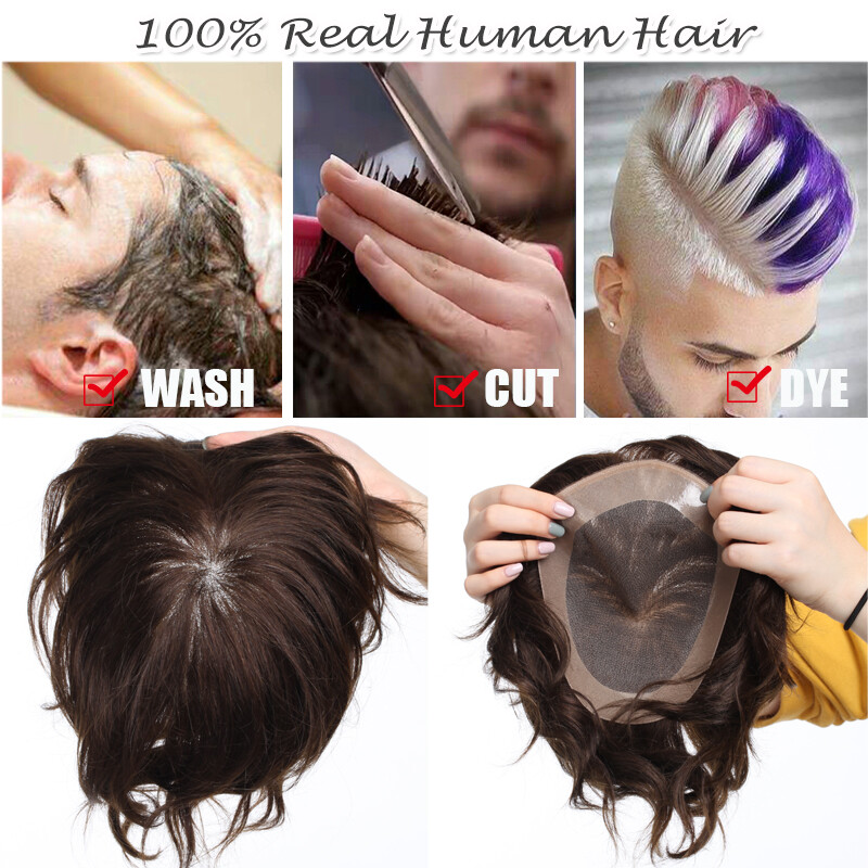 Fine Mono Mens Toupee Hairpiece Poly Skin Human Hair Replacement System Wigs US