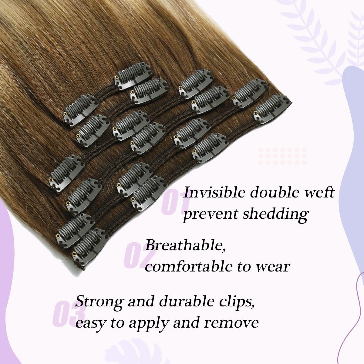 20″ Balayage Clip-In Human Hair Extensions, Dark Brown to Ash Blonde, 120g, 6pcs