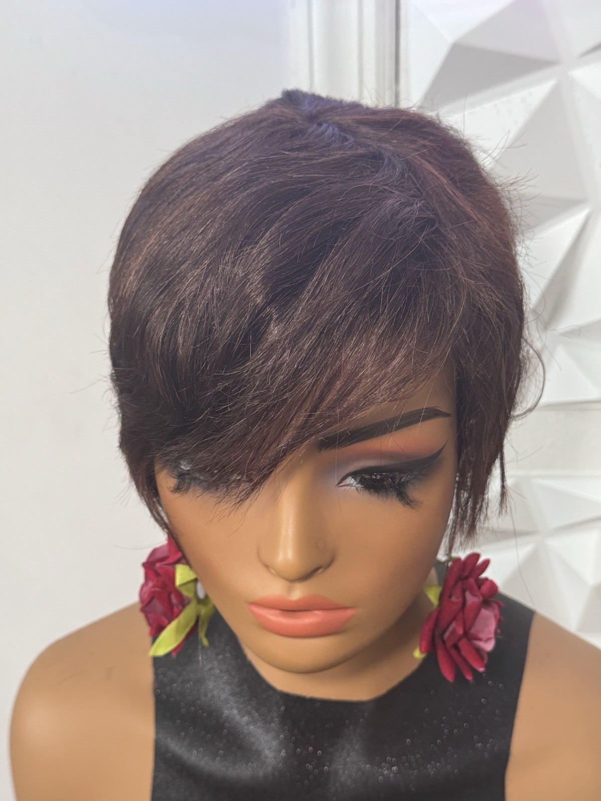 100% Human Hair Dark Brown Pixie Cut Wig Short Bangs Classic Cap One Size