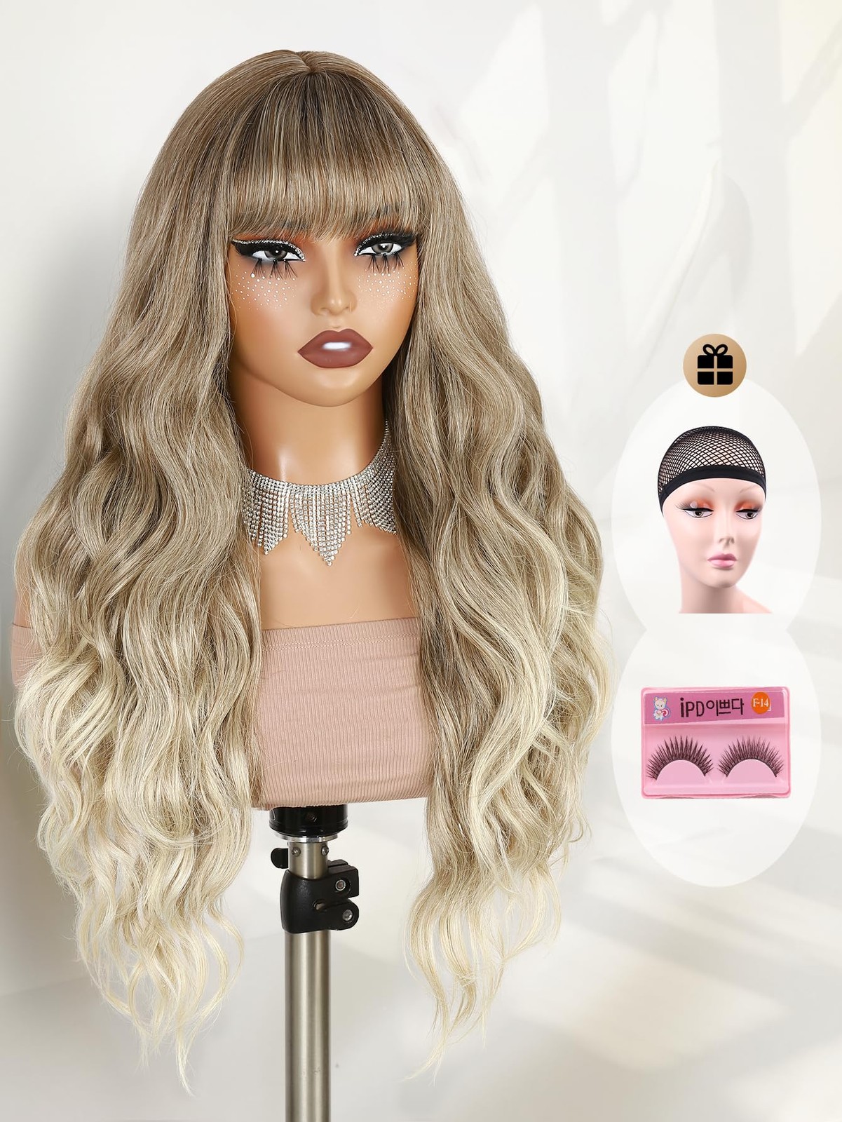 Dirty Blonde Wig with Bangs Long Curly Wavy Wig with Blunt Bangs for Women 26…