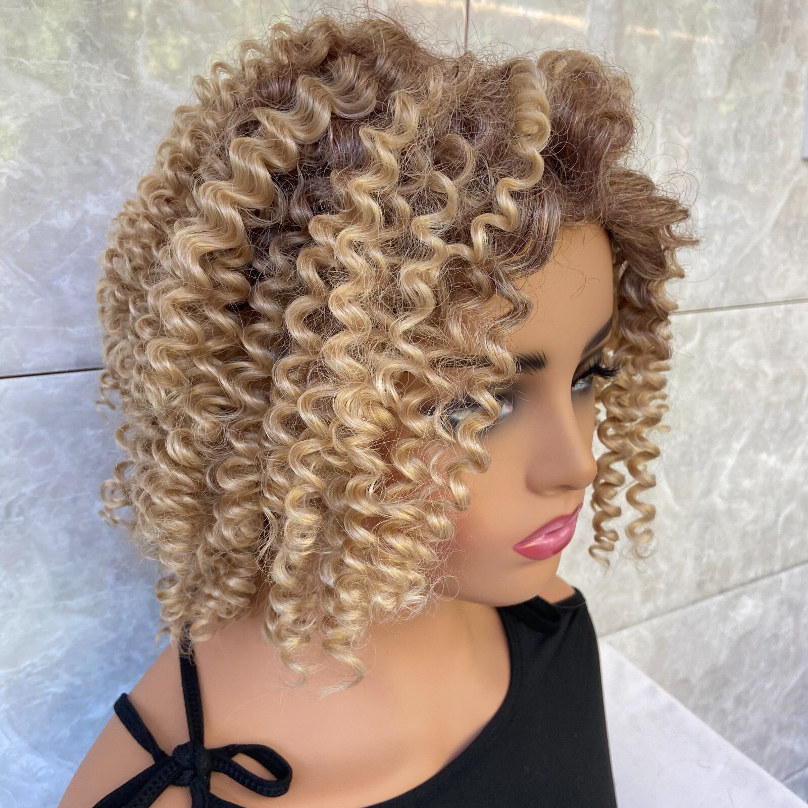 Short Kinky Curly Rooted Blonde Mix Human Hair Blend Heat Ok Wigs Women Soft