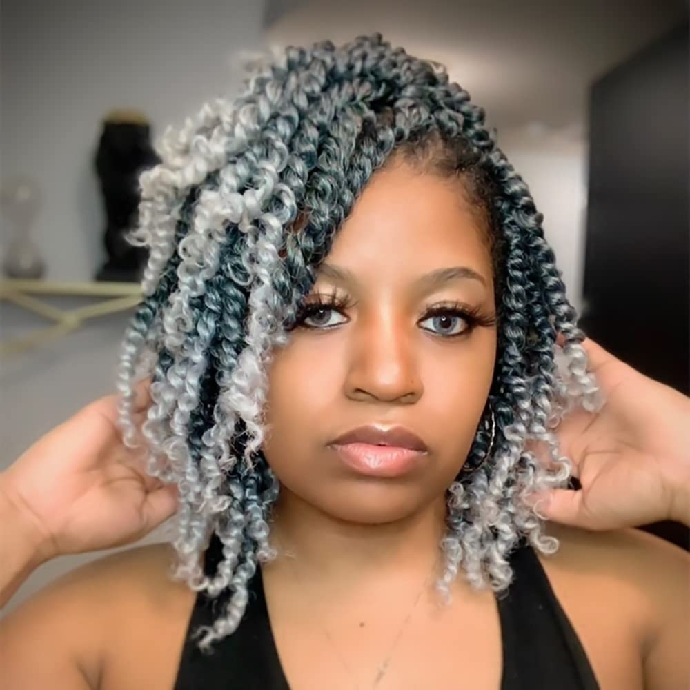 WUDAS 6 Inch Short Pre-Twisted Passion Twist Crochet Hair Ombre Grey