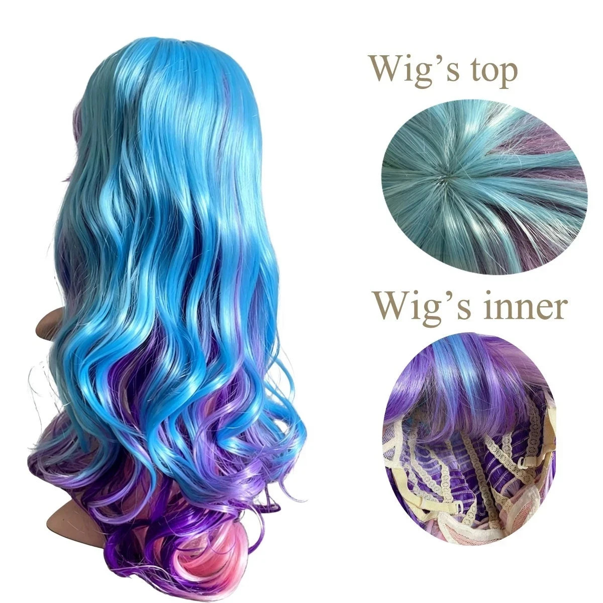 Long Wavy Purple Blue Mixed Color Wig with Bangs Heat Resistant Synthetic Hair C