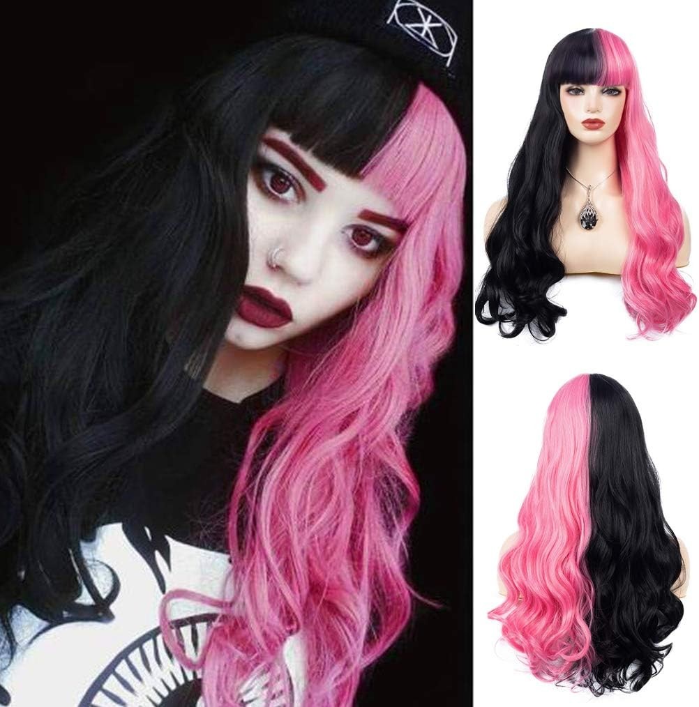 Half Pink Half Black Wavy Wigs Long Curly Wavy Split Synthetic Wig with Bangs Ha