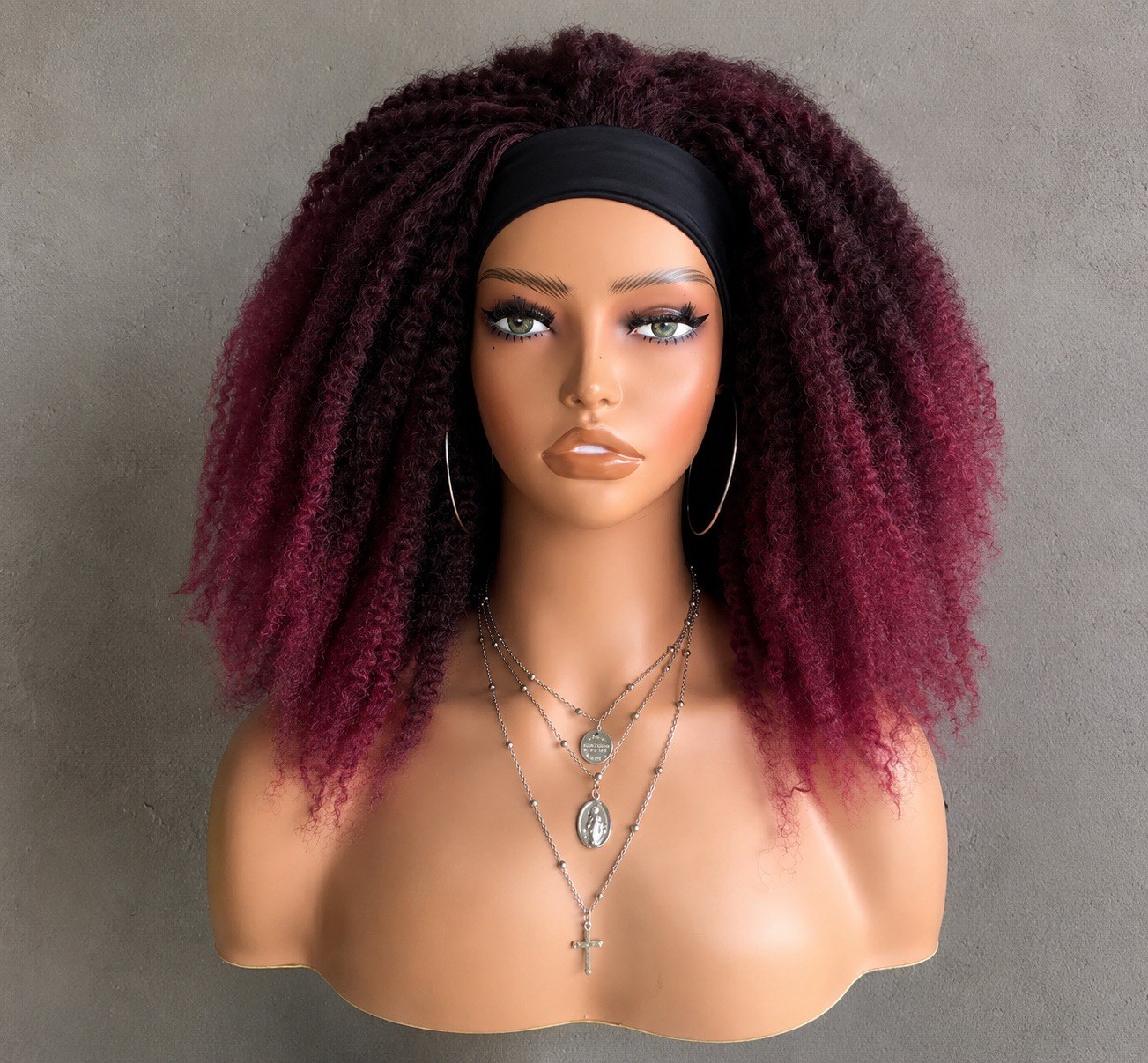 Hot! summer Burgundy afro Kinky Curly Headband Wig. Natural Look Synthetic Hair