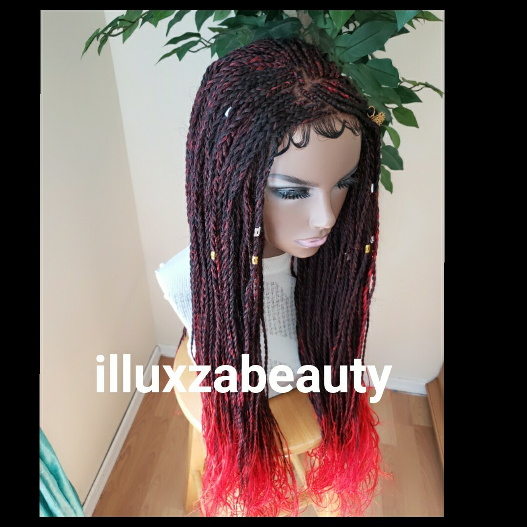 4×4 Closure senegalese twist Braided Wig black red curl L 28″-29″