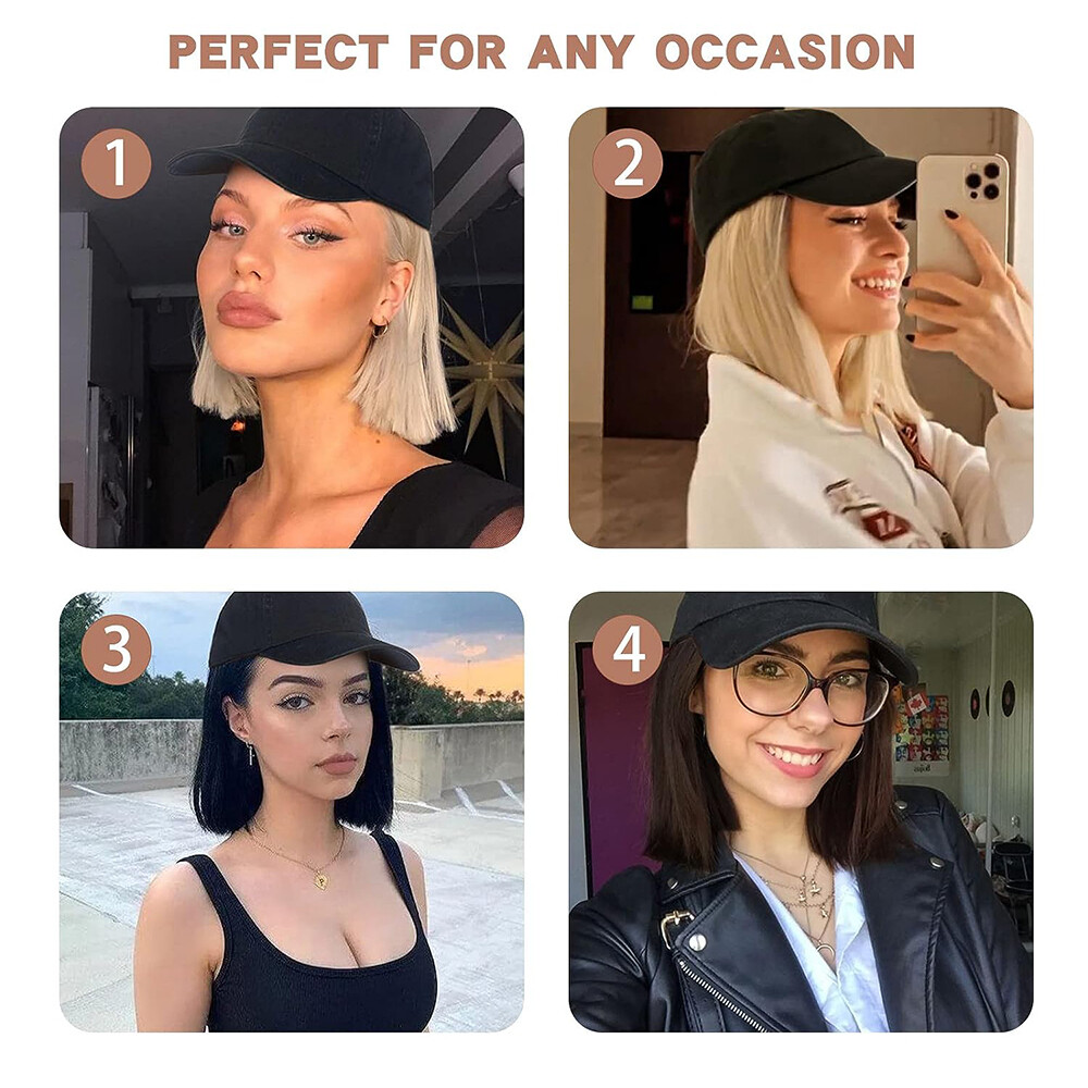 Baseball Hat Cap with Fake Hair Soft Long Wavy Hair Wigs Caps for Women 6″-18″