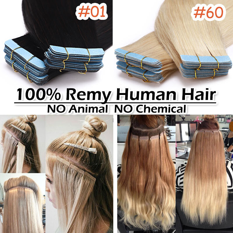 Thick 20-60pcs Tape In Remy Human Hair Extensions Skin Weft FULL HEAD BALAYAGE w