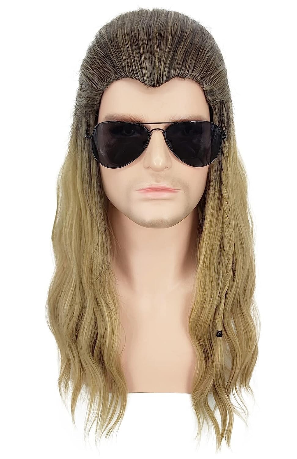 Men Long Curly Wave Wigs Male Cosplay Hair Ombre Ash Blonde Costume Toupee w/Cap