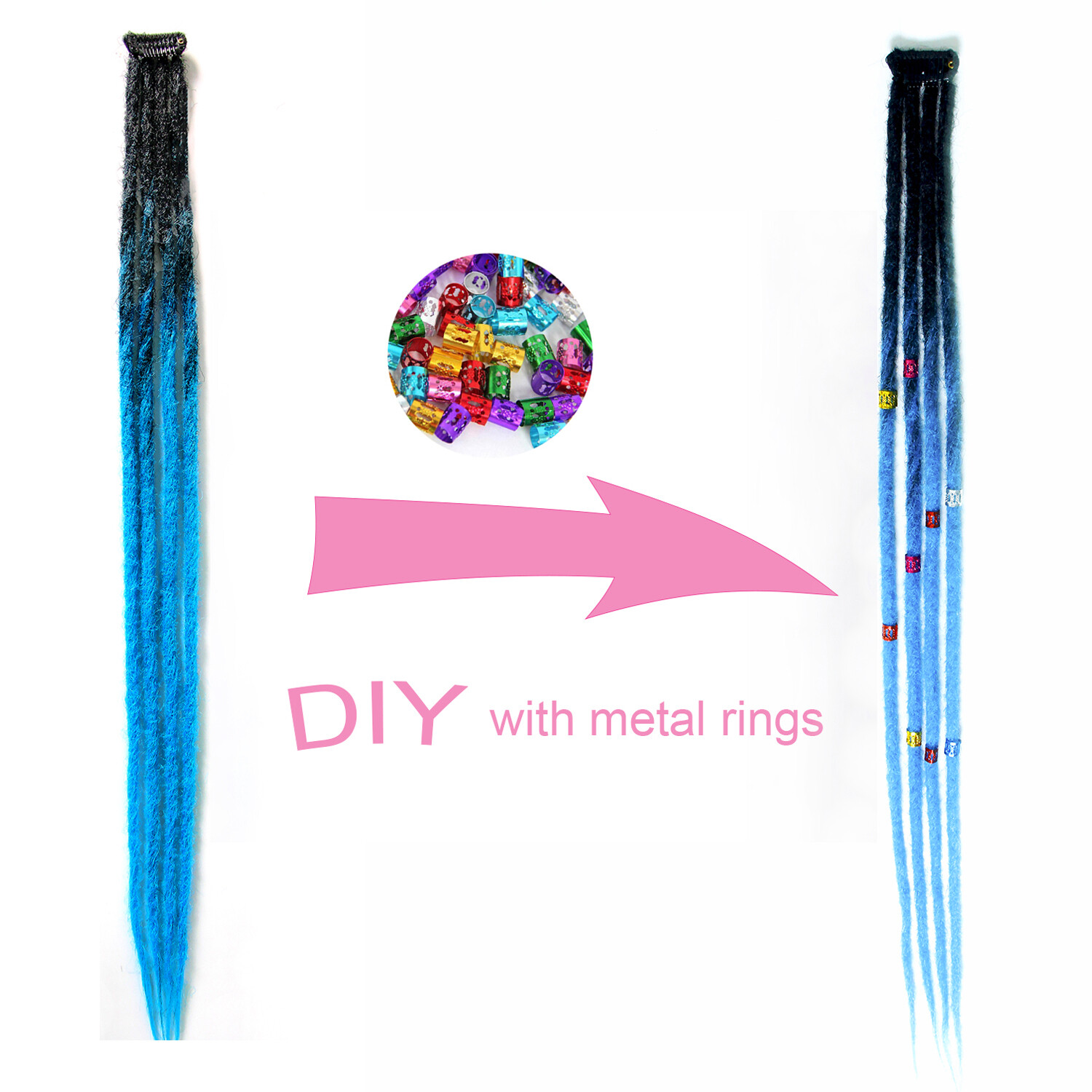 24″ Colorful Clip In Dreadlocks Extensions Thin Soft Dreads Locs w/ Dreads Beads