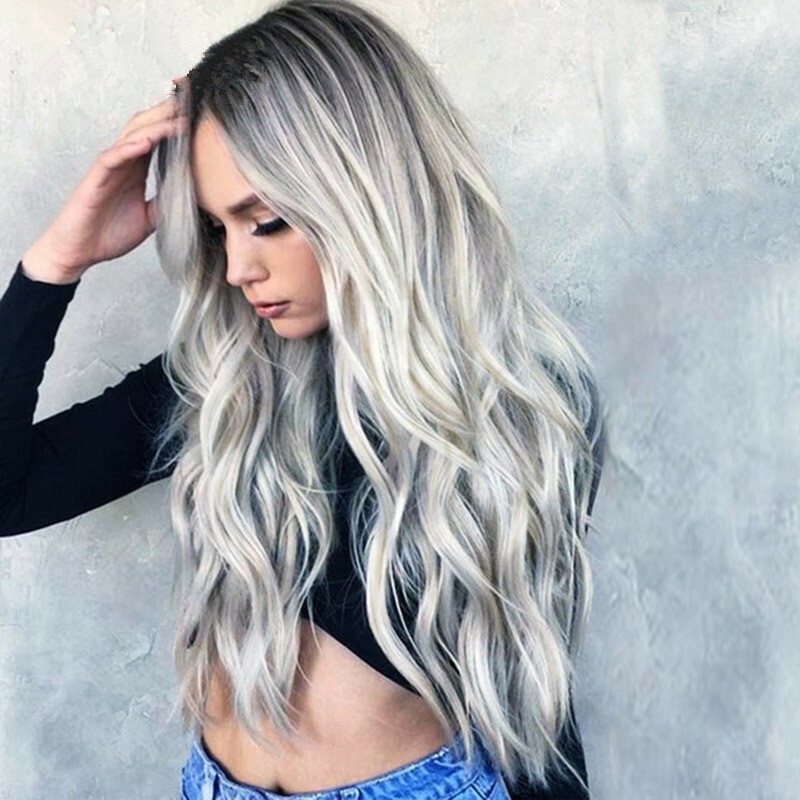 Fashion Middle Part Long Curly Hairpieces Gradient Gray Cosplay Synthetic Hair