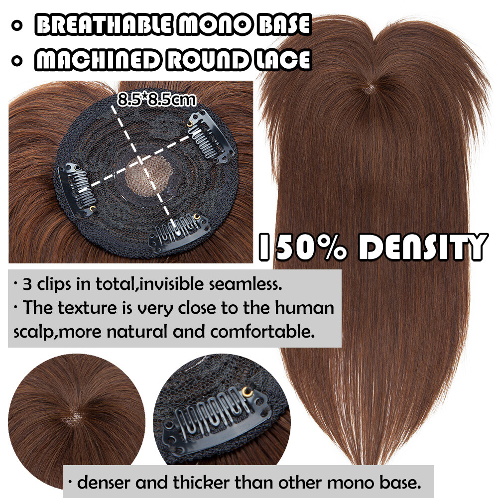 US 100% Human Hair Women Topper Hairpiece Clip In Mono Silk Base Top Wigs Toupee