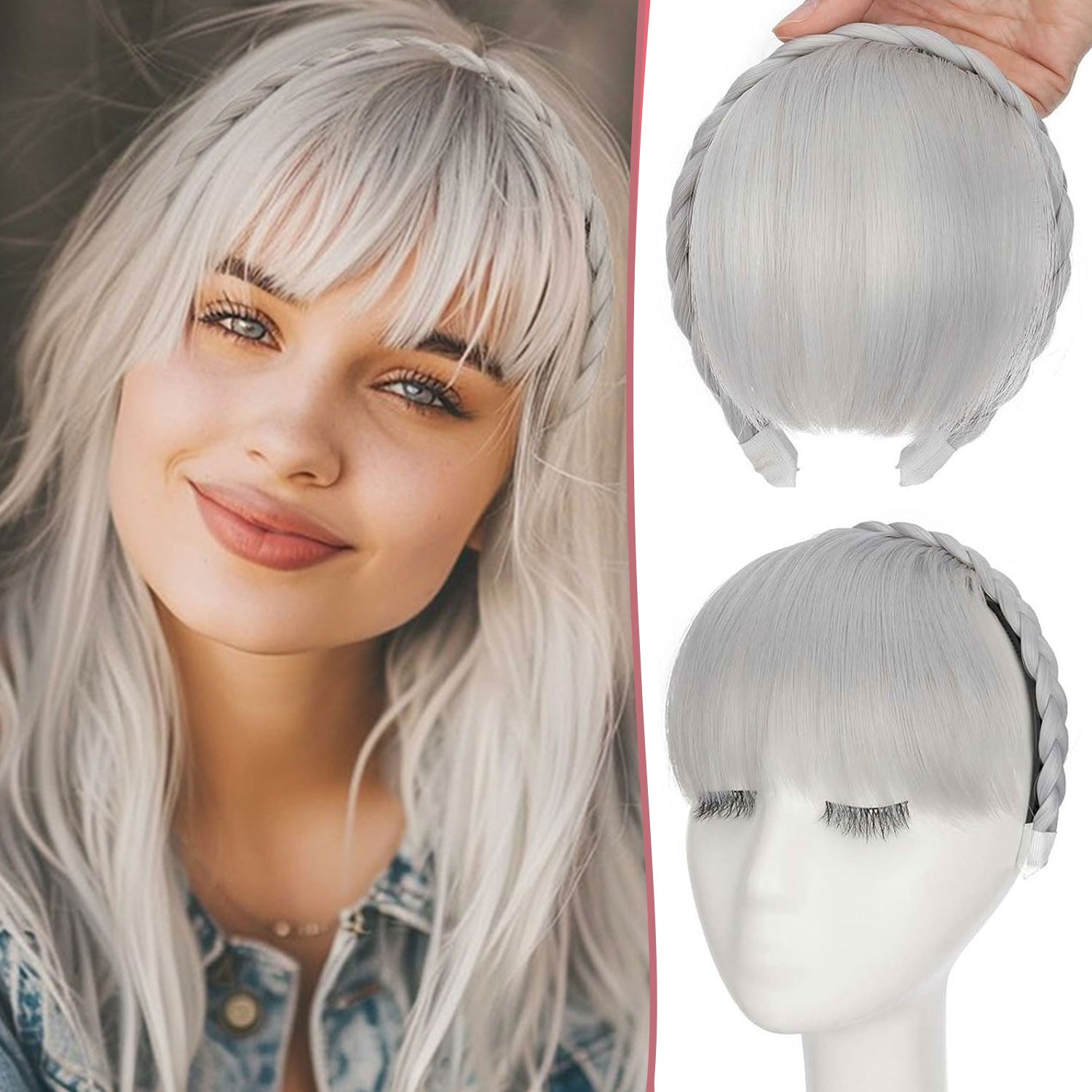US Thick Braided Headband Fringe Hair Extensions Front Neat Bangs Hairpiece Xmas