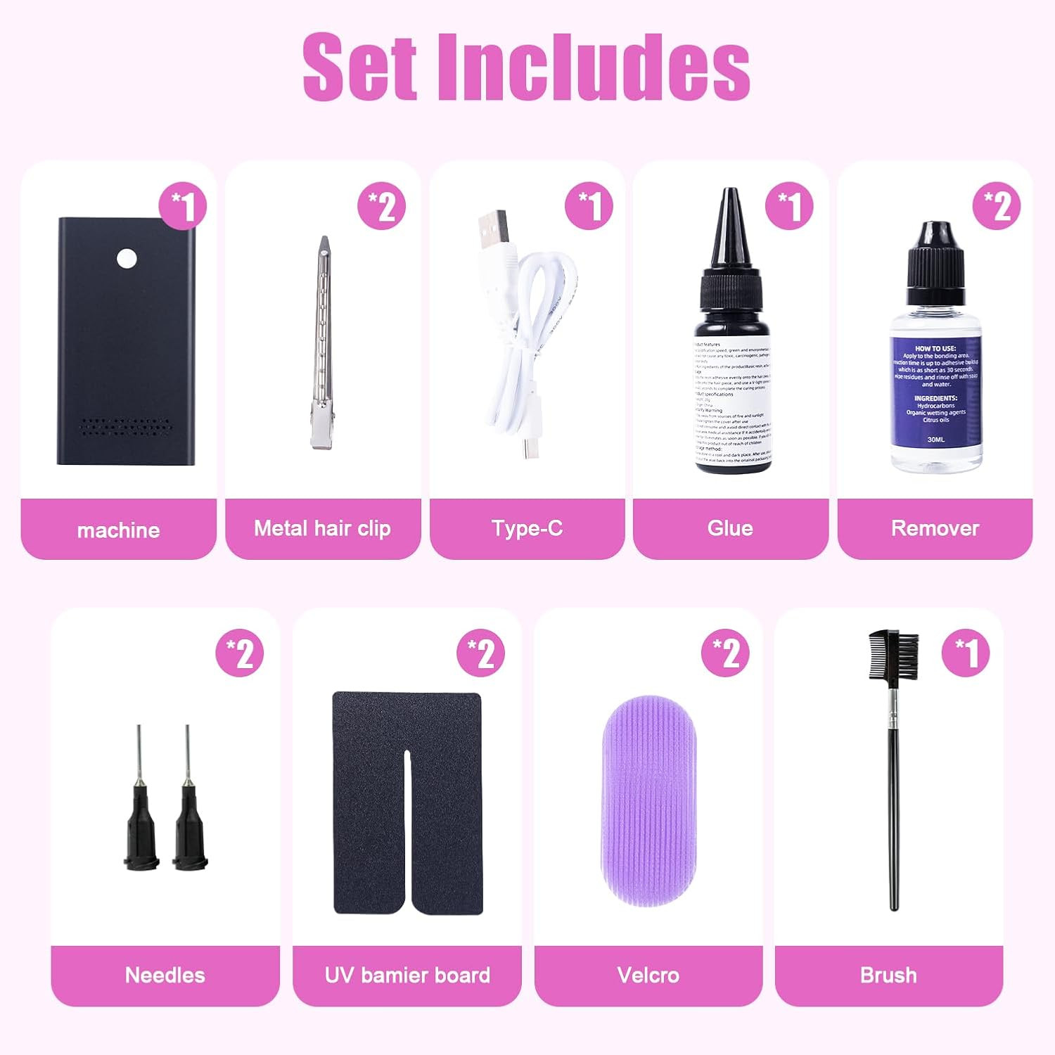 UV Light Hair Extensions Kit with Glue and Remover Professional Salon Tool Black