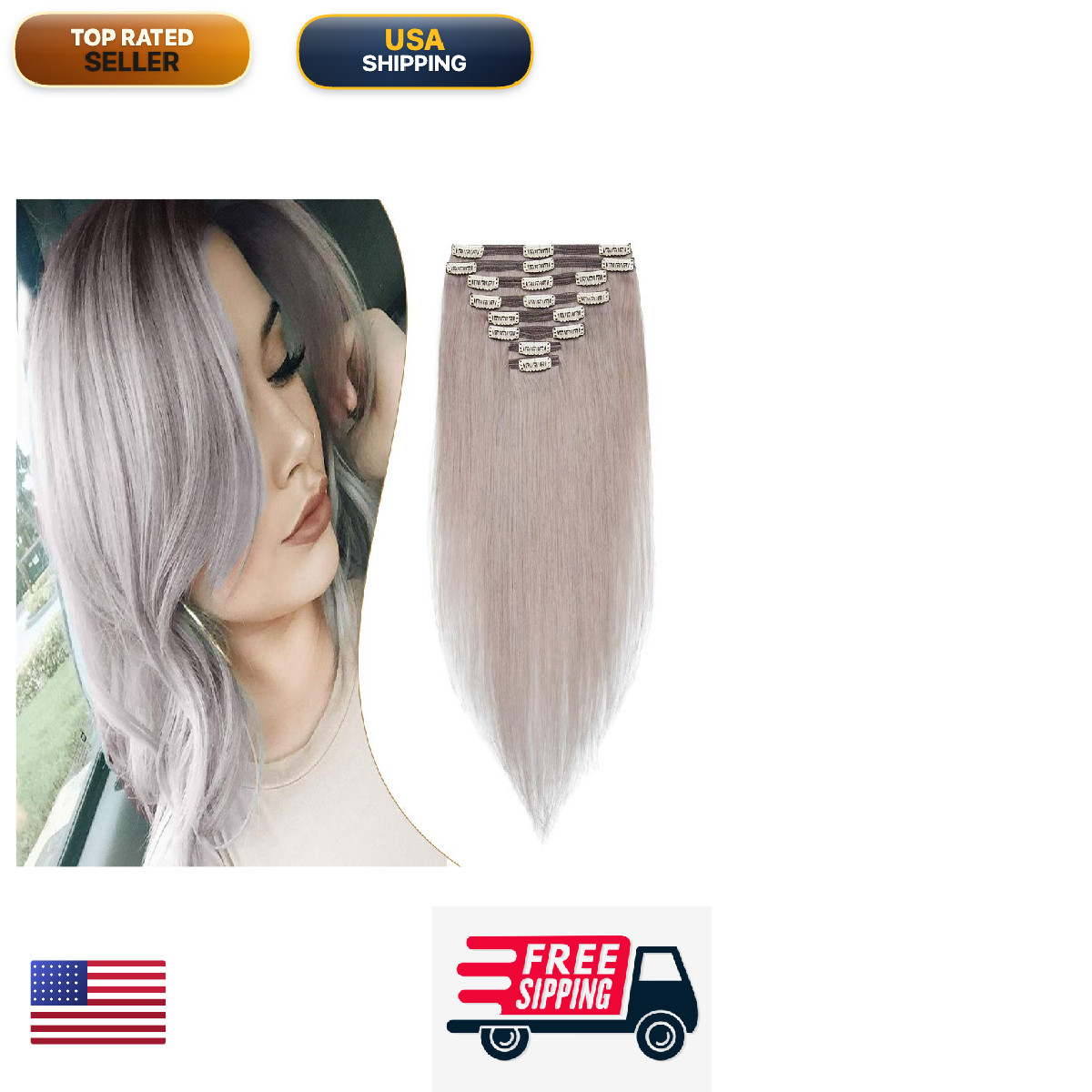 Benehair 18Inch 140G Clip In Hair Extensions Real Human Hair Highlighted Grey