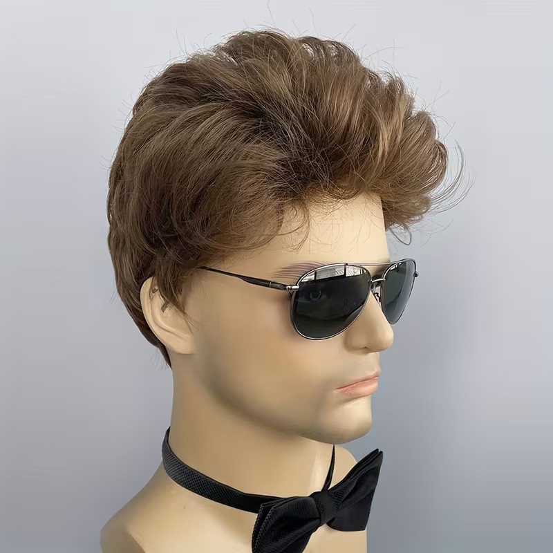Men Wig Brown Layered Short Beanie Hairpiece Universal Male Cosplay Glueless Wig