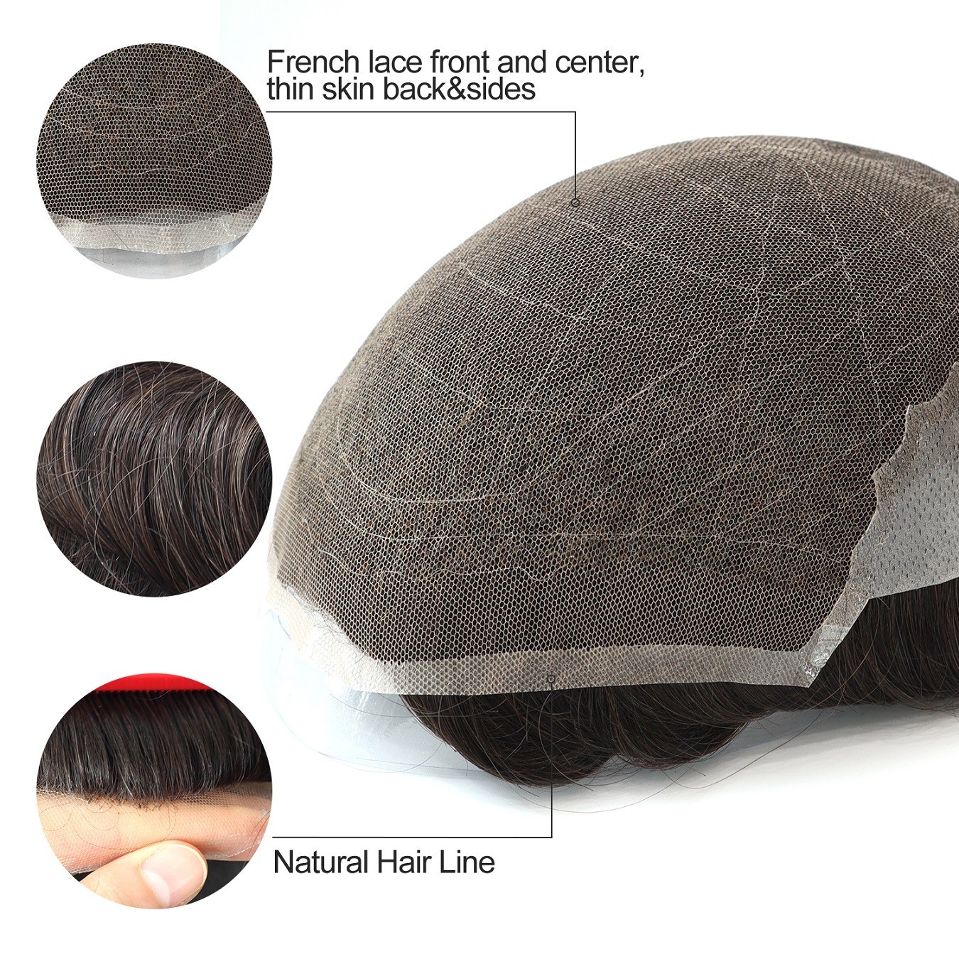 Mens Toupee French Lace Front Thin Skin PU Base Human Hair Replacement Sys #1B
