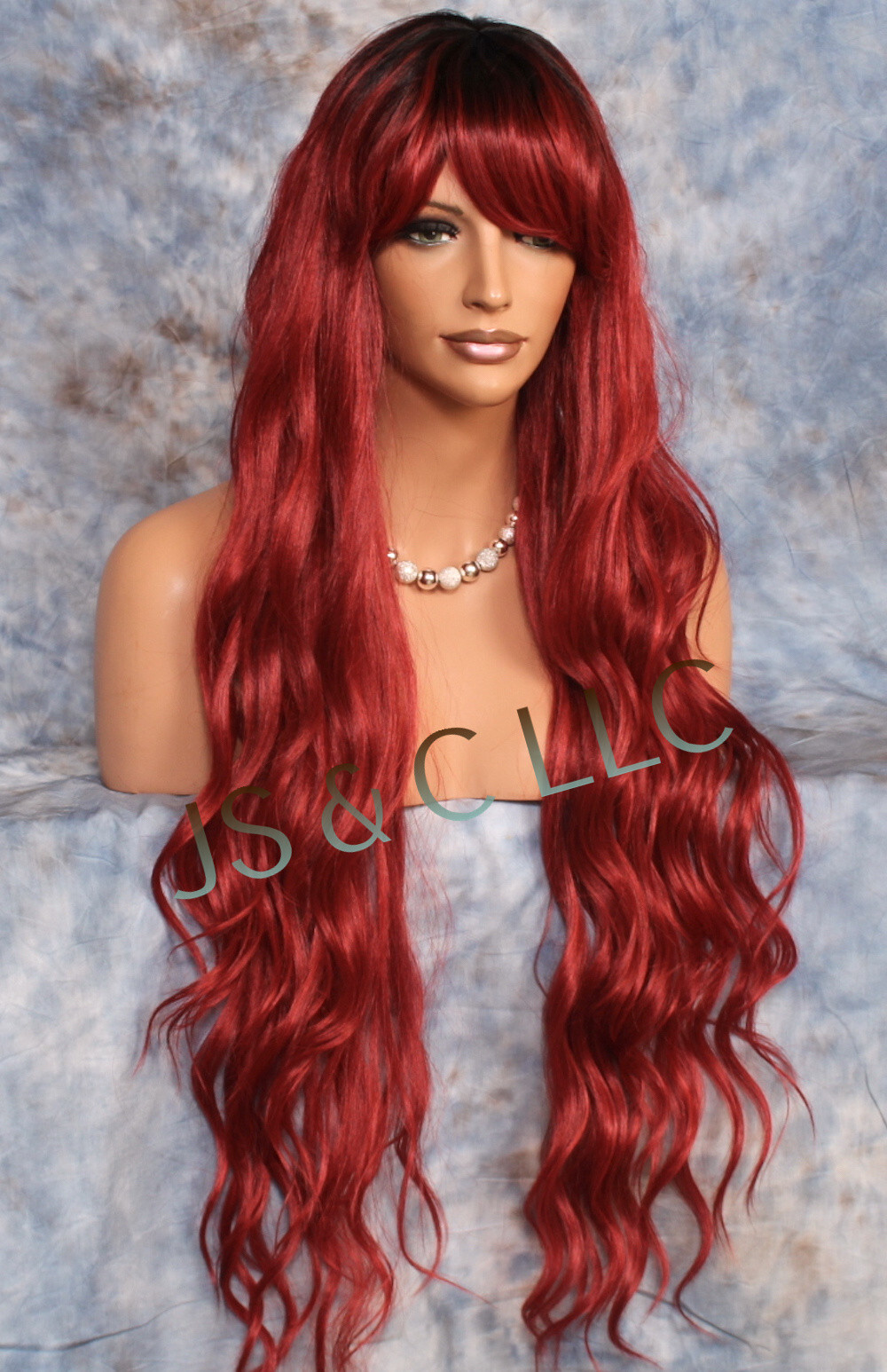 Human Hair Blend 40″ Long Full Wig Heat OK Wavy bangs JSSH Black roots Red Wine