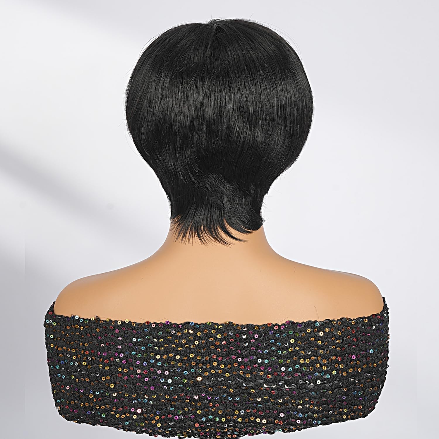 Short Pixie Cut Wig Human Hair Natural Black Glueless Full Machine Made 6 Inch