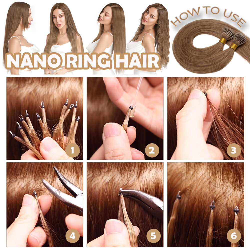200PCS Thick 100% Remy Human Hair Extensions Nano Ring Micro Loop Beads Caramel