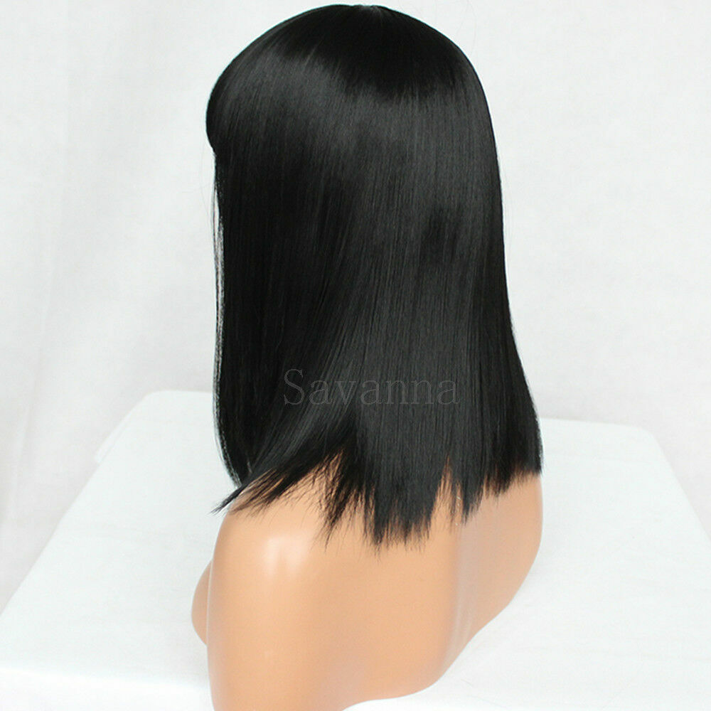 Black Bob Wigs with Bangs Straight Blunt Cut Shoulder Length Short Wig for Women