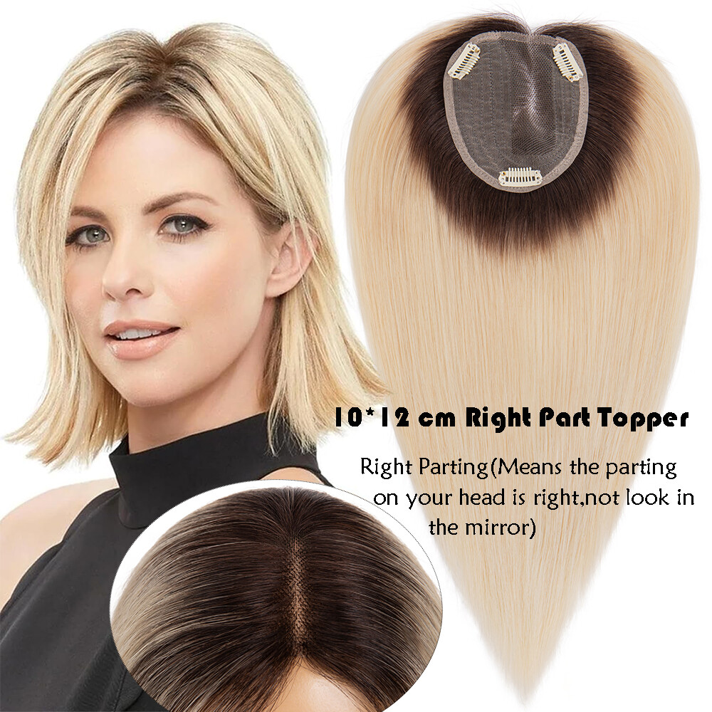 Women Topper Remy Human Hair Clip In Silk Lace Base Top Hairpiece Wigs Side Part