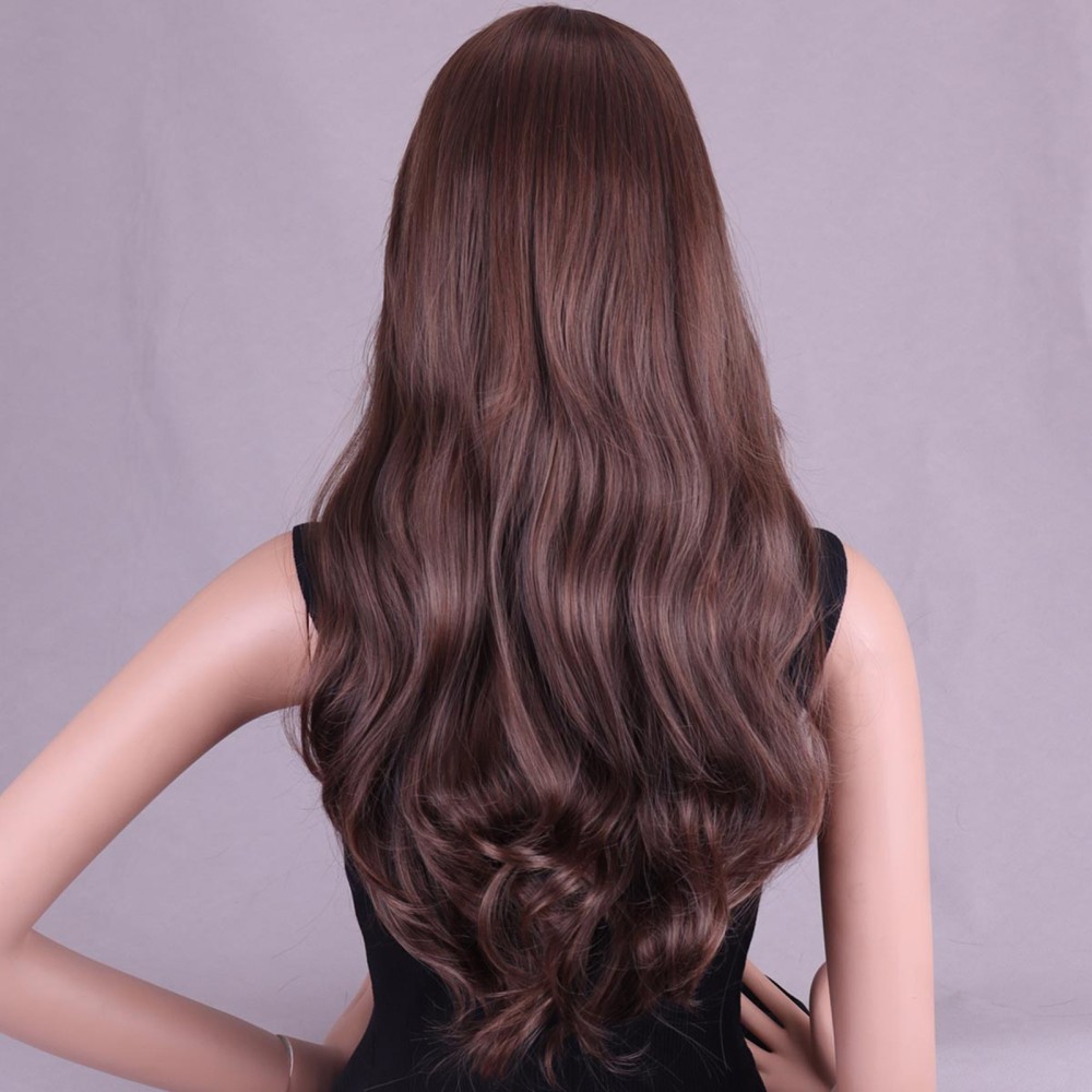 26 Inch Long Curly Full Wigs with Bangs Body Wave Hair for Women Borwn Wavy Wigs