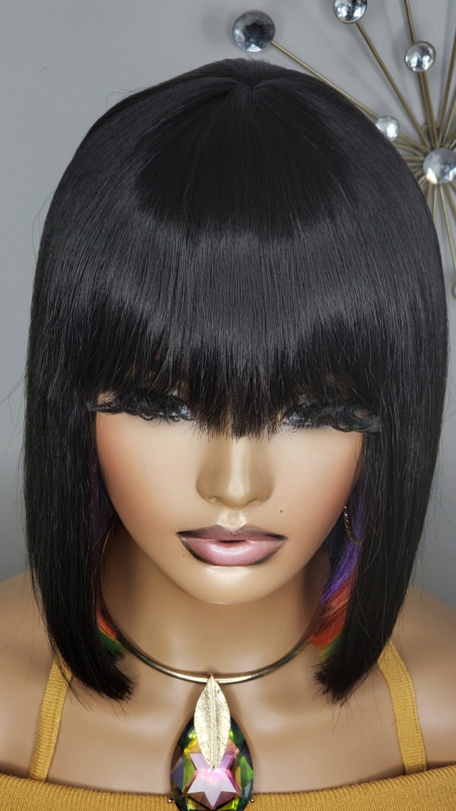 New Short Human Hair Blend Straight Bob Wrap Style Full Cap Wig Black Rainbow