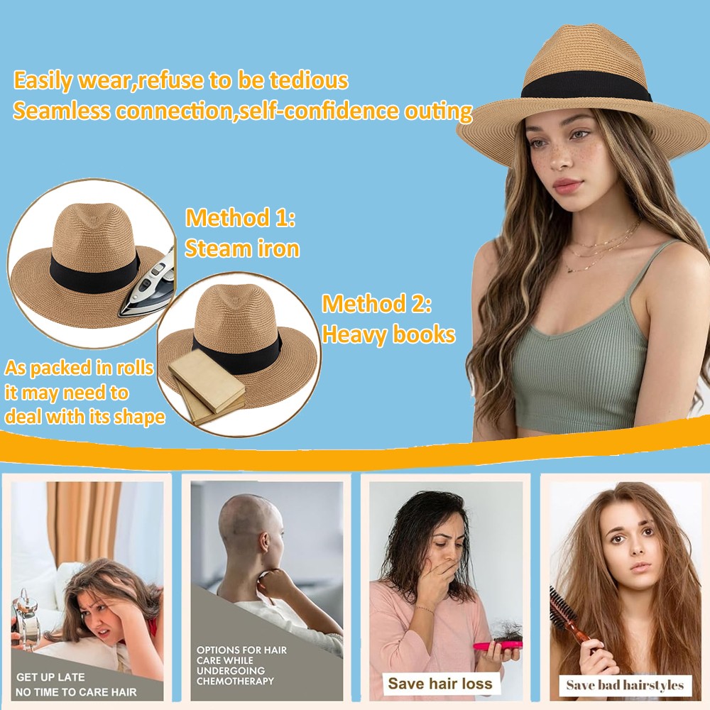 Long Wave Sun Hat Wig with Synthetic Hair Adjustable Straw Beach Cap For Women