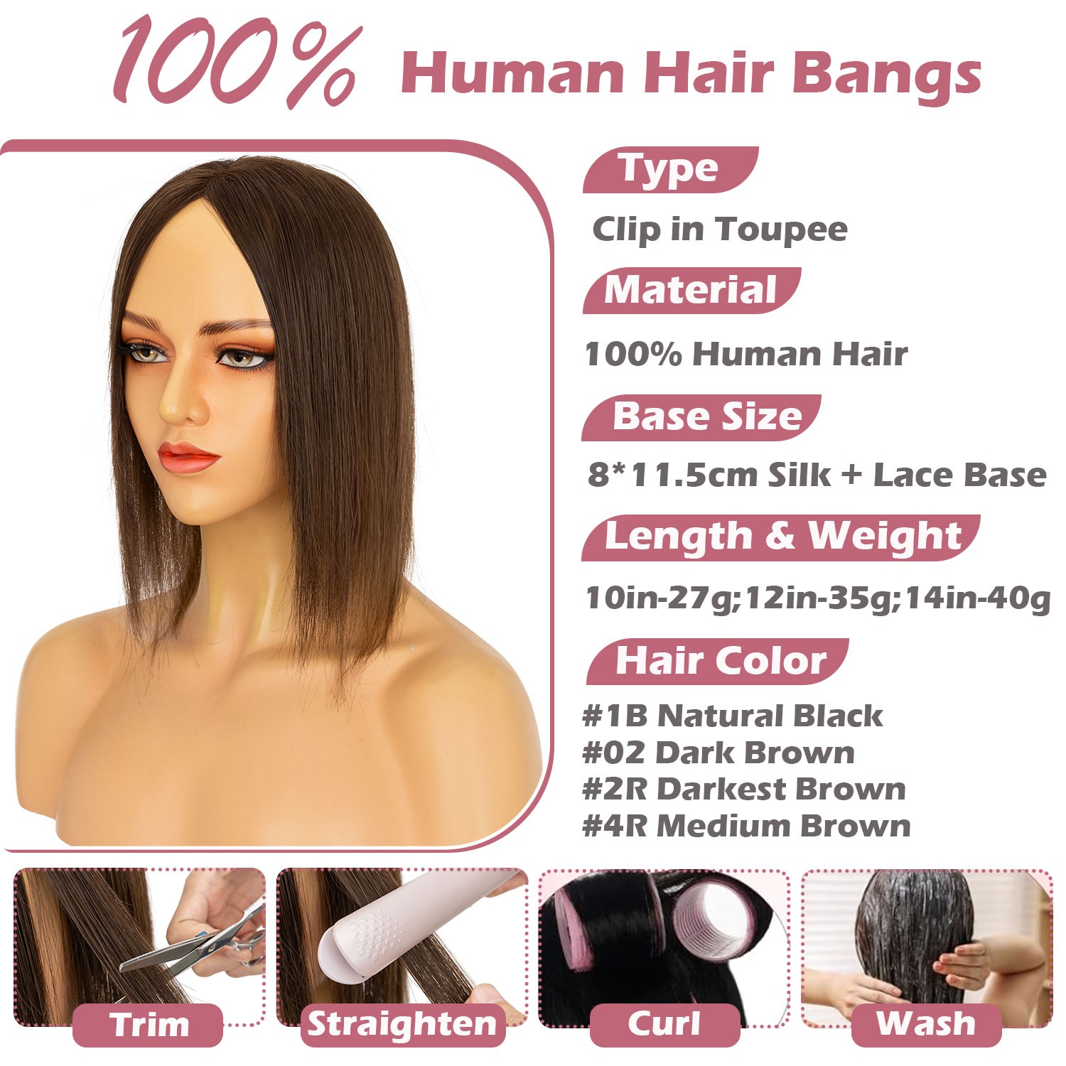 2026 100% Human Hair Topper Toupee Clip in Hairpiece Bangs Bob Top Wig For Women