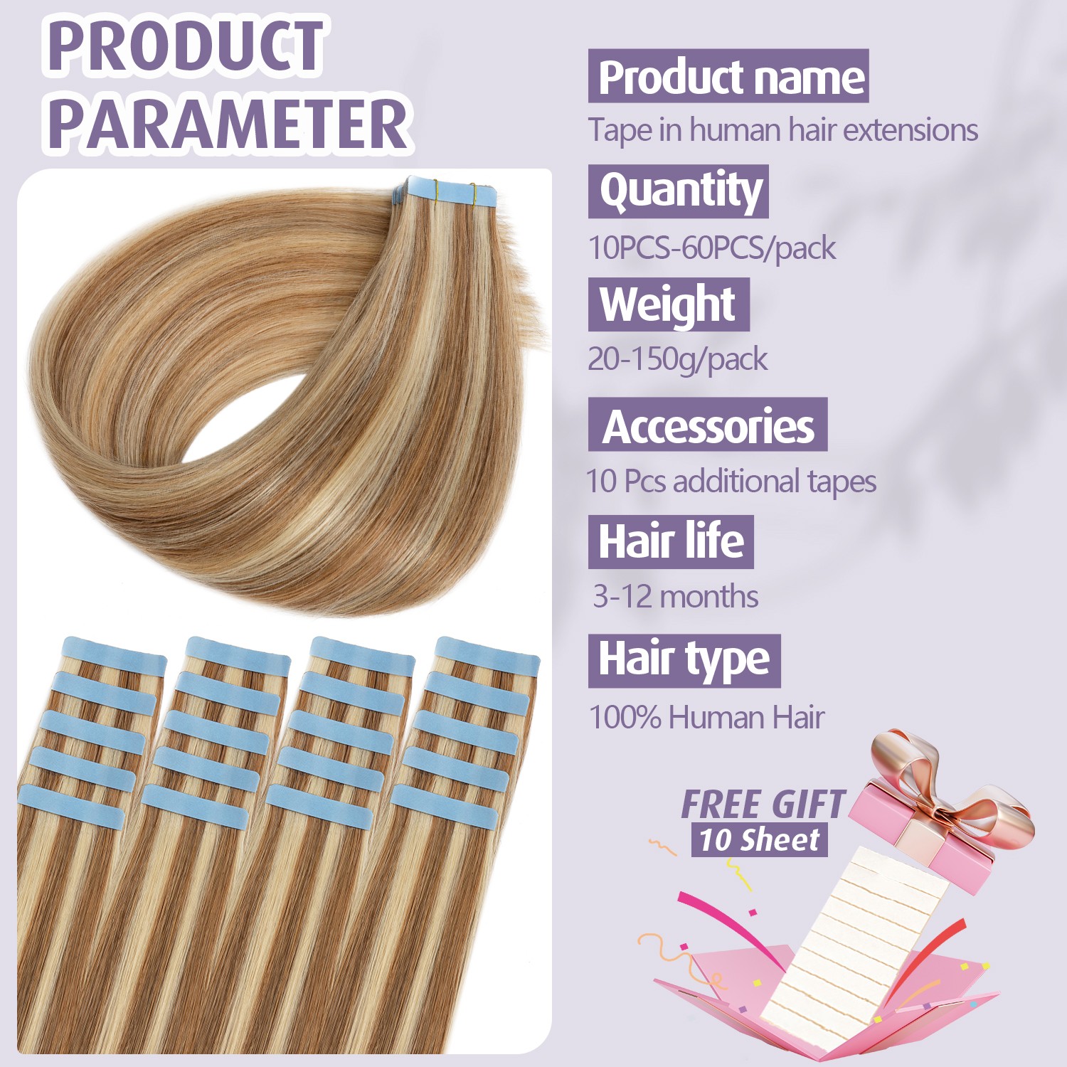 10-60PCS Tape In Real Remy Virgin Human Hair Extensions Thick Skin Weft Balayage