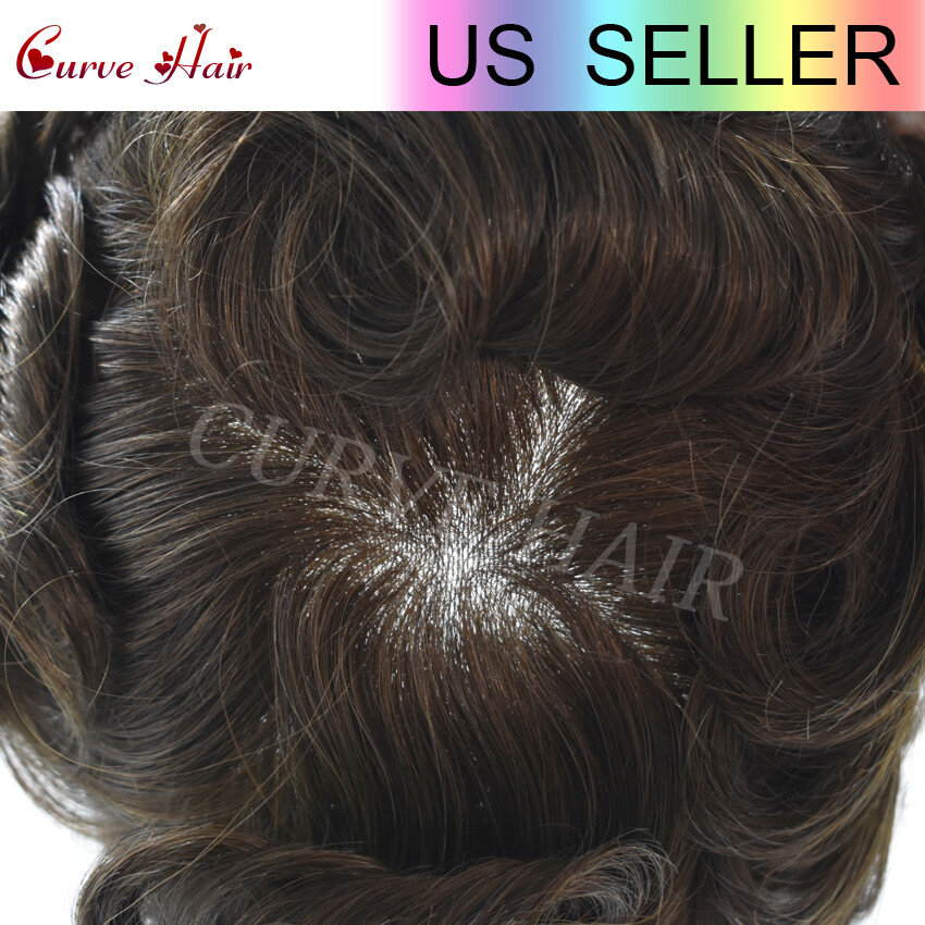 US Mens Toupee Human Hair Piece Full Poly Thin Skin Men Hair Replacement Systems