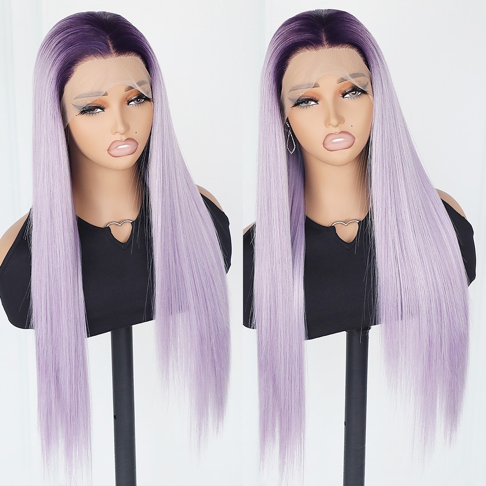 Ombre Purple Long Straight Hair Glueless Lace Front Wigs Free Part Women Party