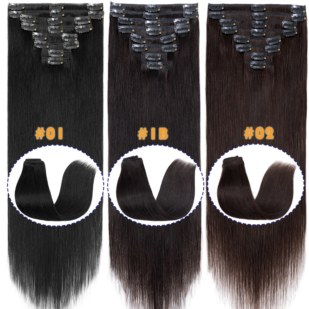 100% Soft Clip In Remy Real Human Hair Extensions Full Head 8PS Weft Black Brown