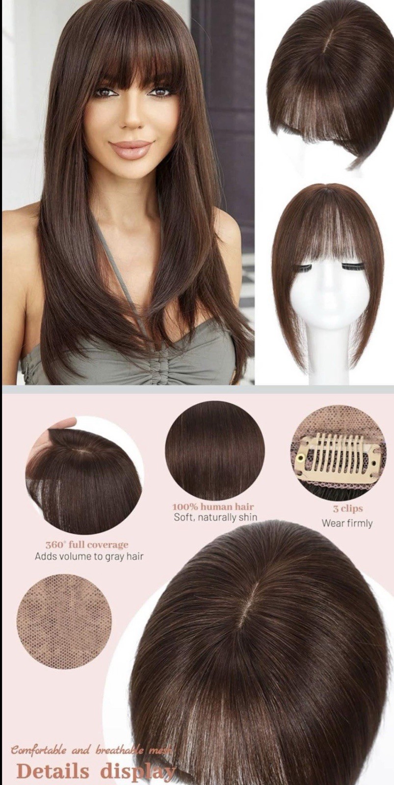 Real Human Hair Clip-In Topper Hairpiece Wiglet w/ Bangs Medium Brown 12in