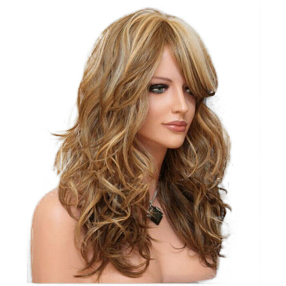 23″ Women Long Blonde Curly Wig Natural Wavy Hair Wigs w/ Bangs Cosplay Party