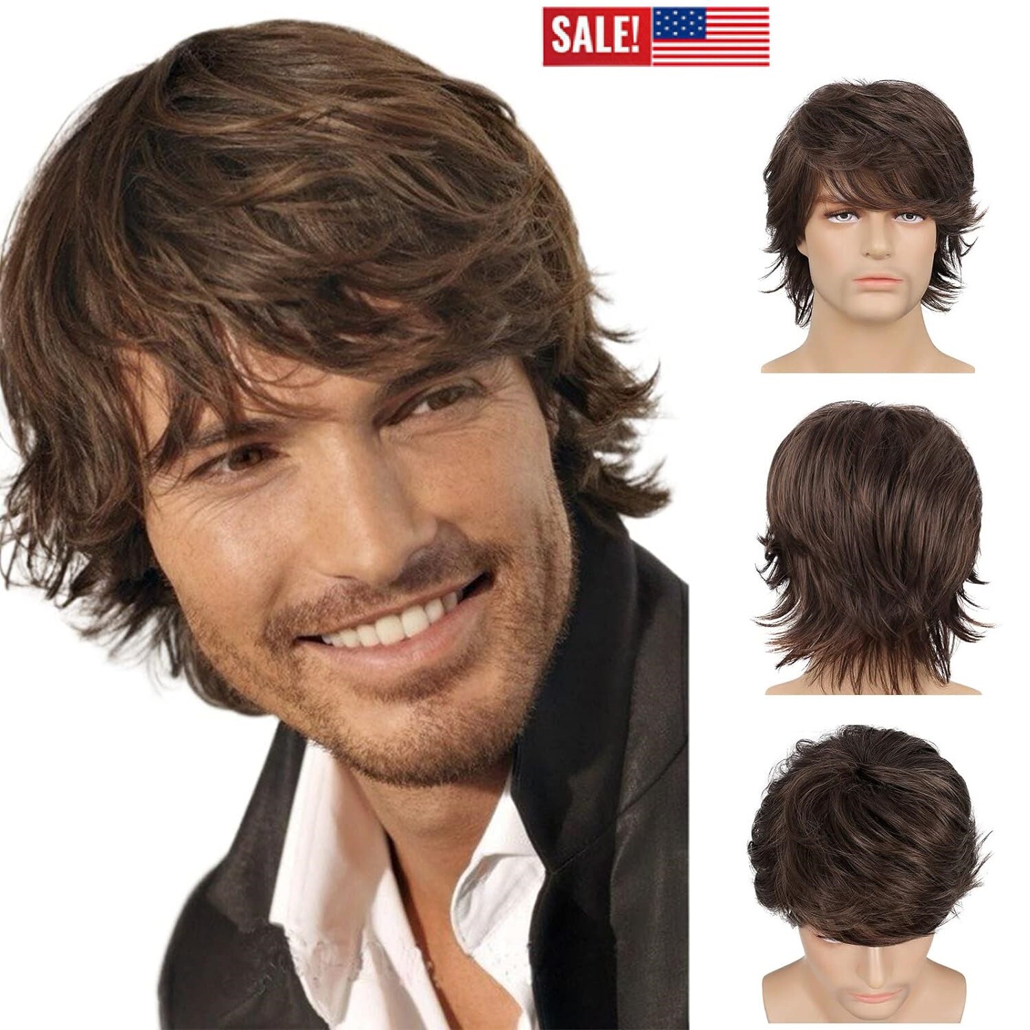 Men Brown Short Wigs Layered Natural Wavy Synthetic Hair Boys Male Wig Bangs USA