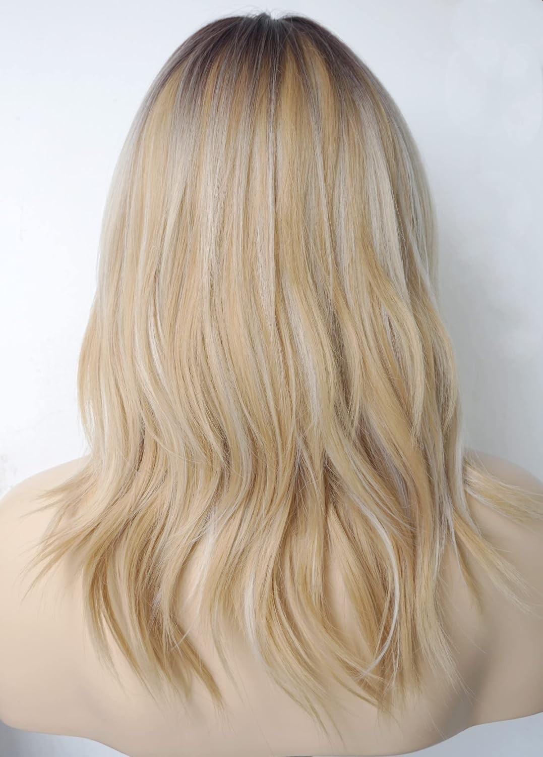 Medium Length Blonde Ombre Wolf Tail Wavy Wig for White Women Short Wavy Hair