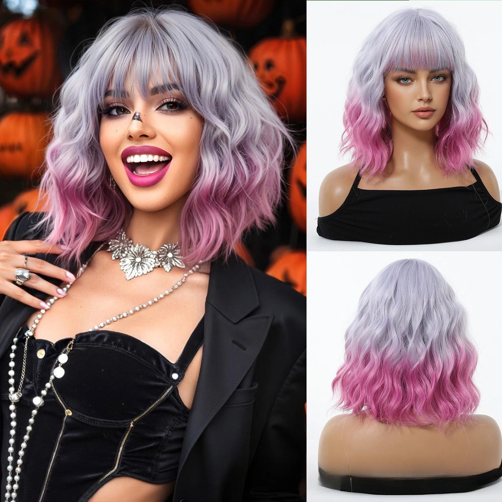 Cosplay Wig Pink Hightlights Wigs with Bangs Short Wavy Bob Wig for Women Girls