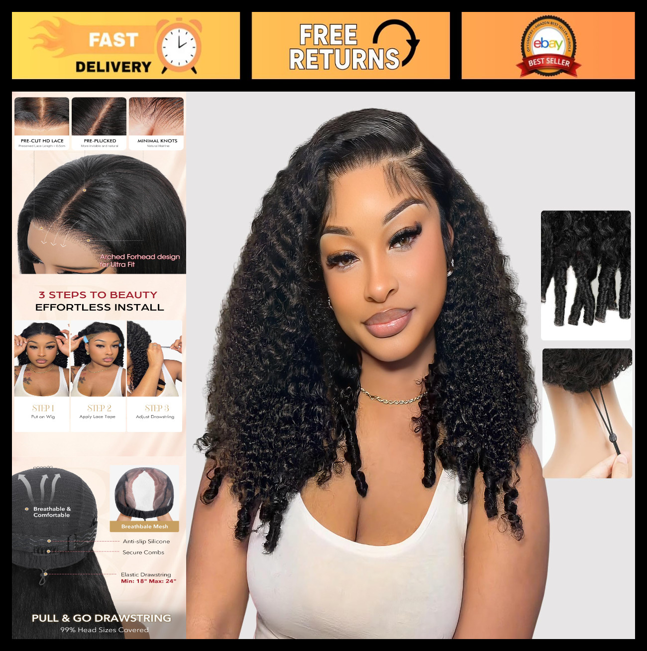 13×6 Burmese Curly Glueless Human Hair Wig, 210 Density, Pre-Plucked Lace Front,
