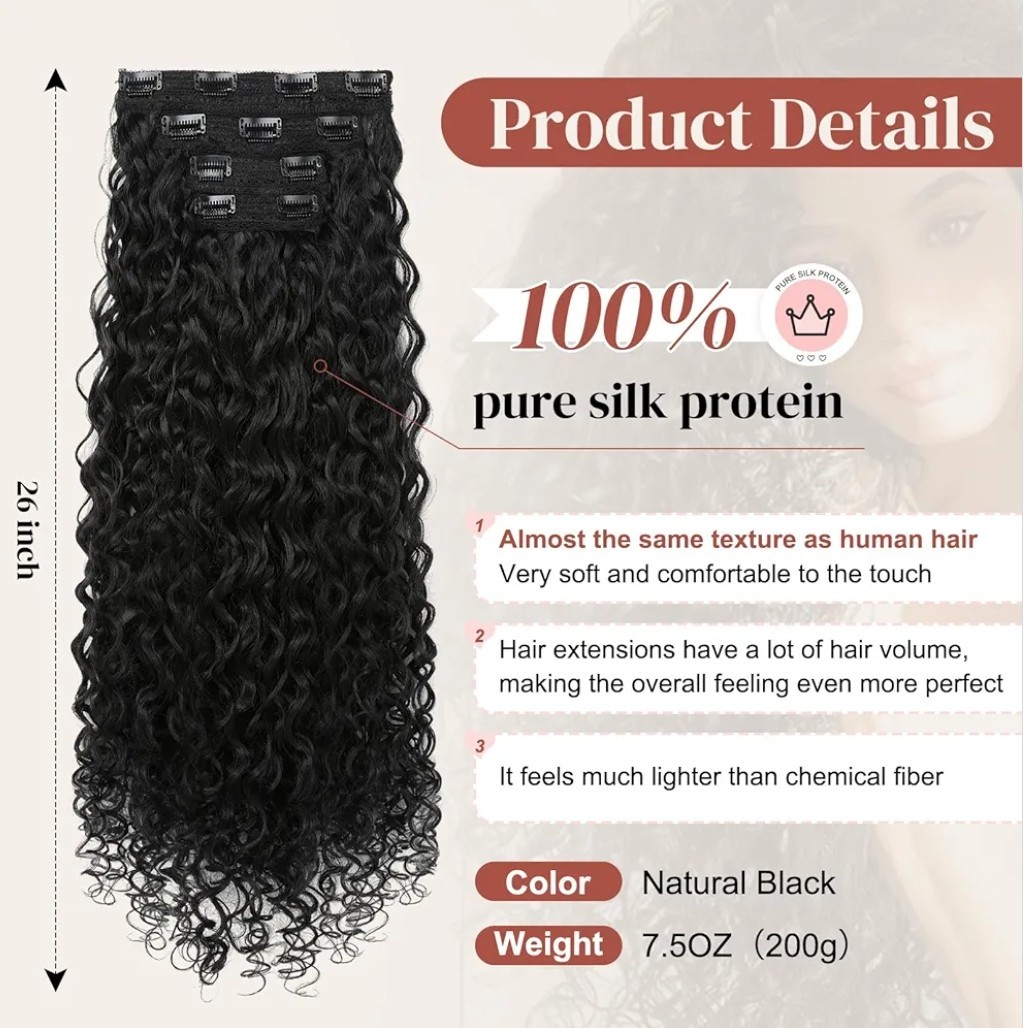 LONAI 4PC Clip in Hair Extensions 26 Inch Curly Silk Natural Black Color