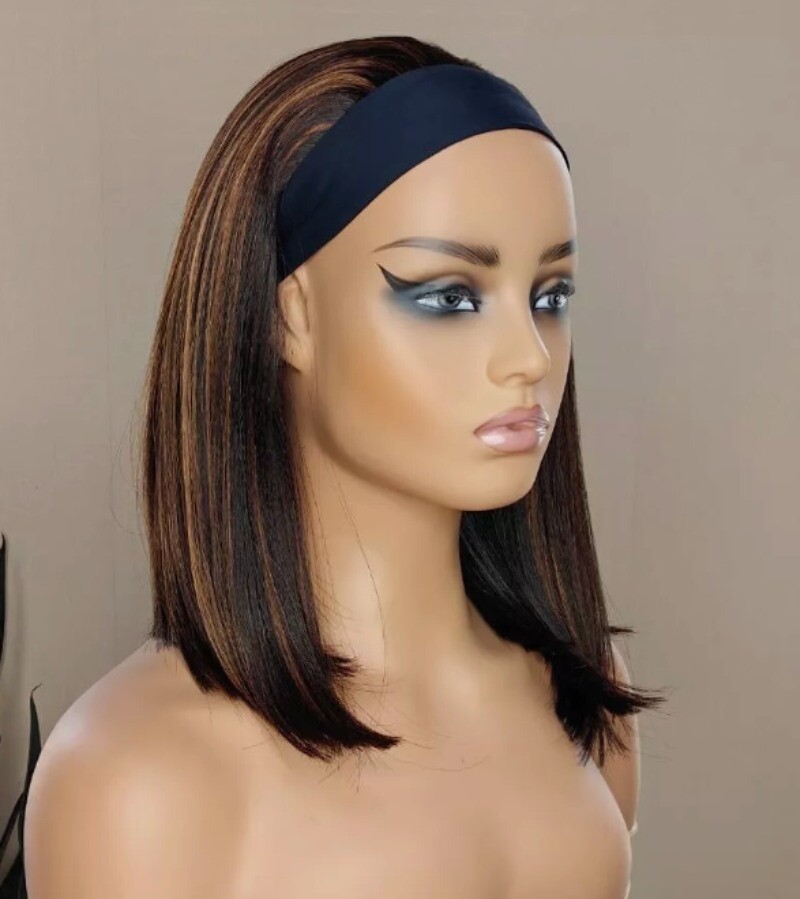 Mixed Brown Short Straight Synthetic Headband Wigs for Black Women Bob Hair Wigs