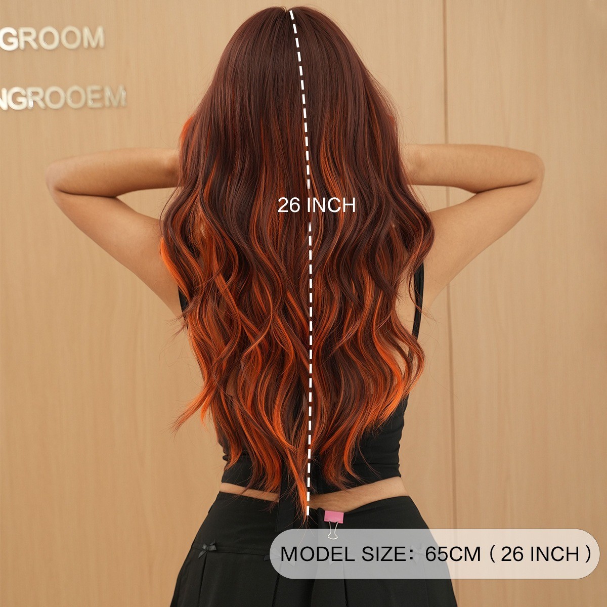 Full head wig with side-swept bangs colorful flame orange highlights and long