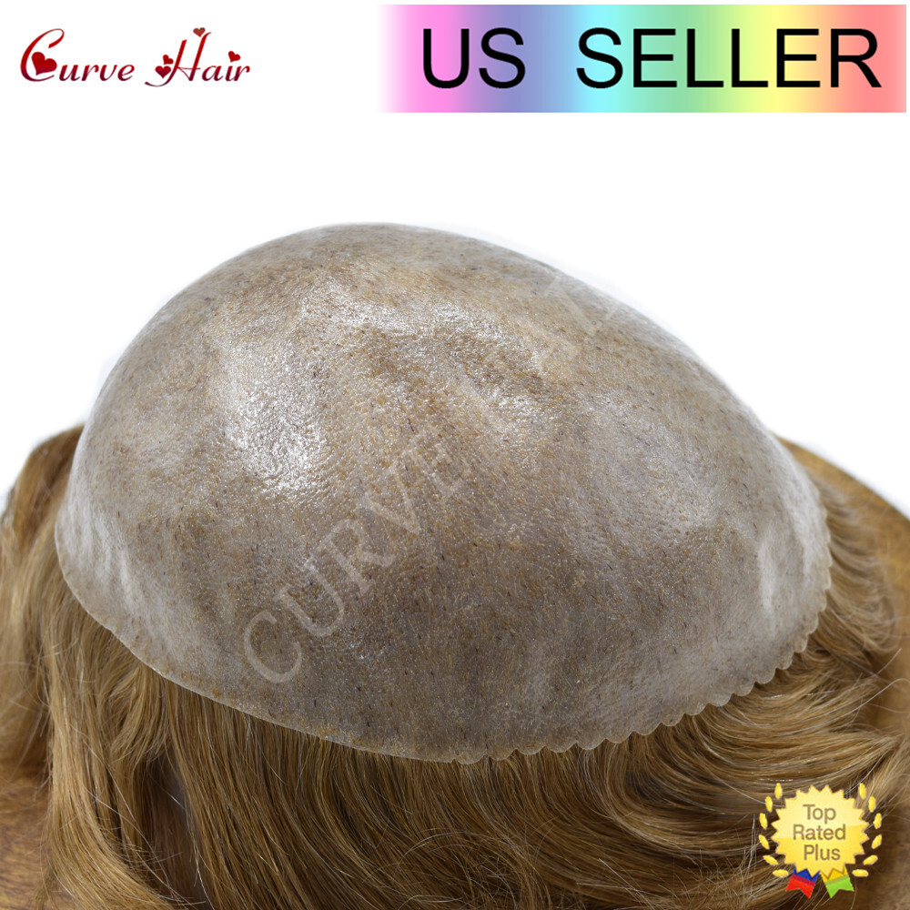 Mens Toupee Human Hairpiece Full Poly Thin Skin Hair Replacement System Wig Unit
