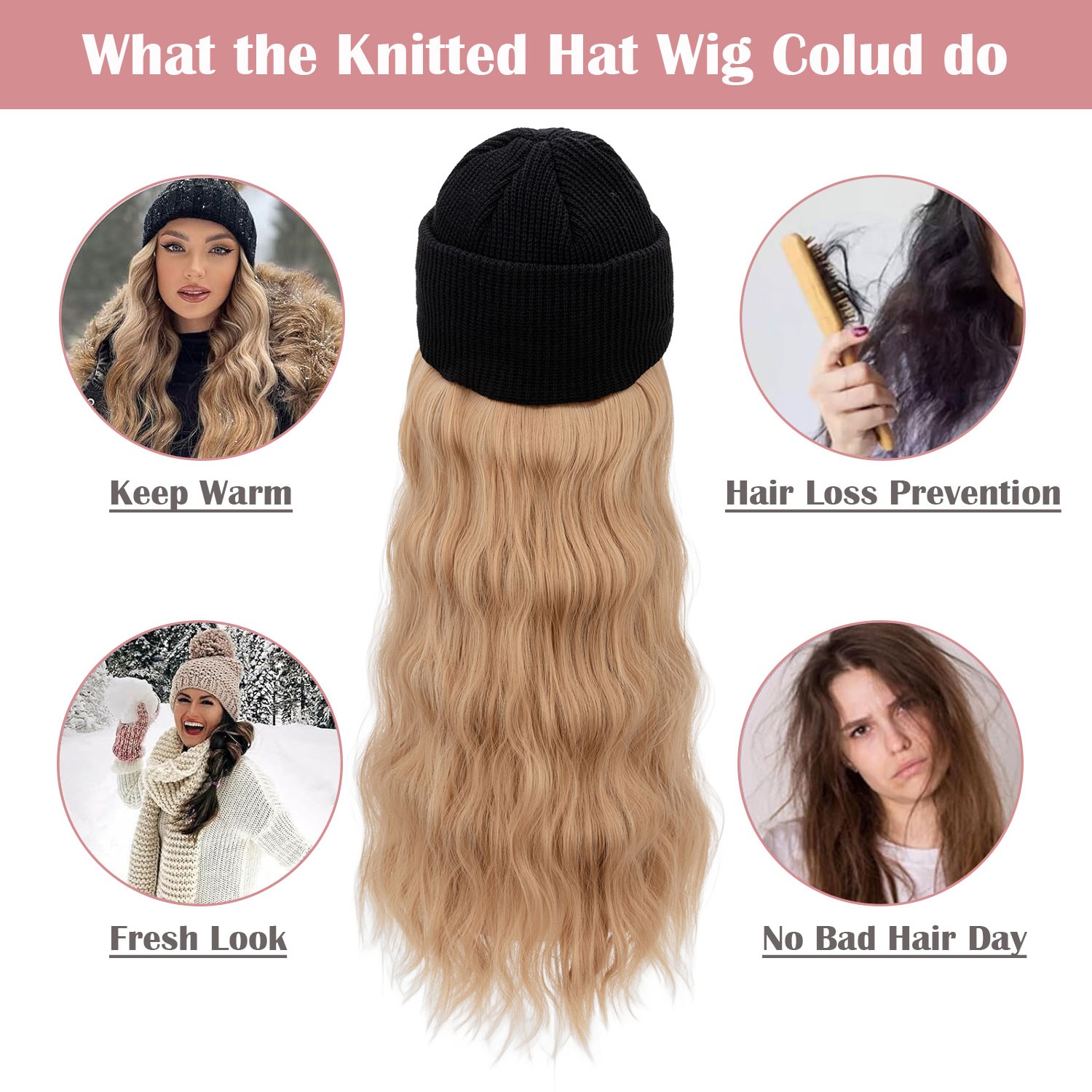 Winter Wig Hat with Hair Attached for Women Knitted Beanie Wigs Winter Hat Warm
