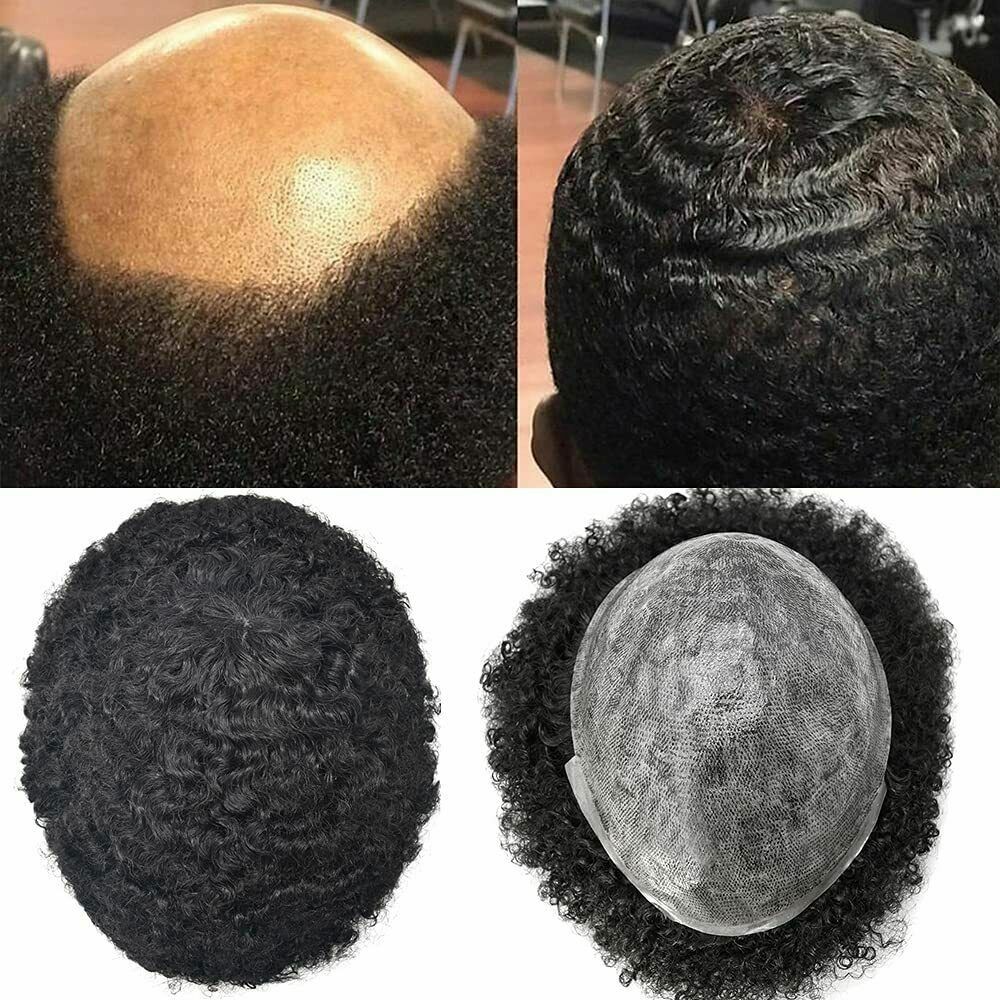 Mens Toupee Afro Curly Full Poly African American Black Real Human Hair Wig PU