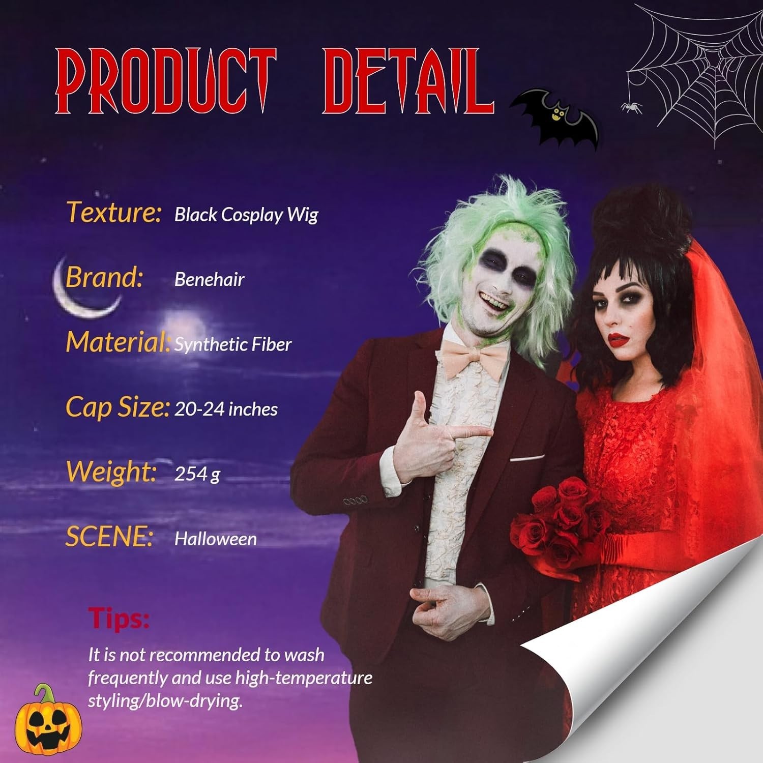 Benehair Black Cosplay Wig With Bun, Black Ghost Bride Costume Wig for Women, Ly