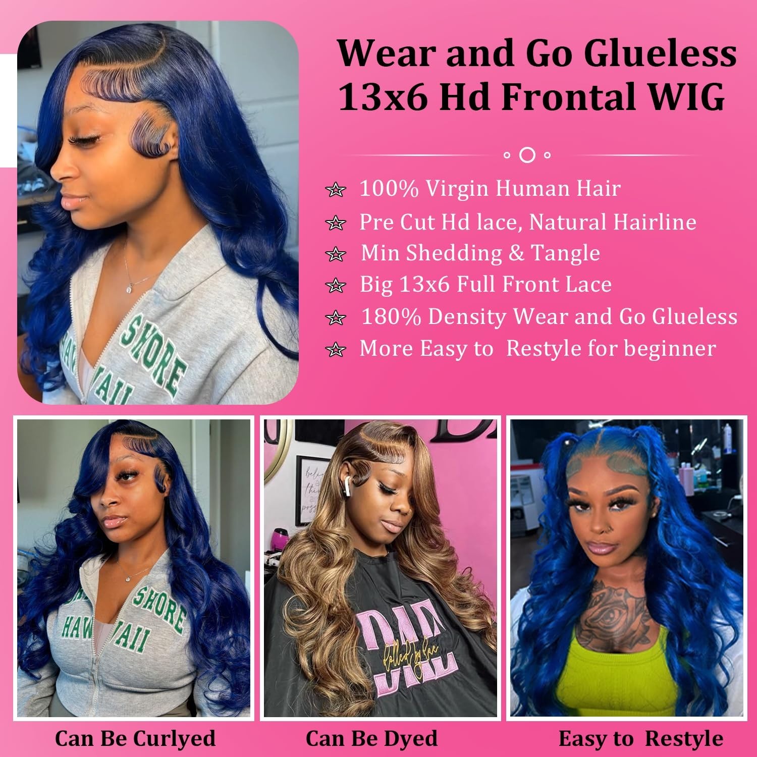 28″ Blue Body Wave Lace Front Wig – Human Hair, 180% Density, Glueless Wear & Go