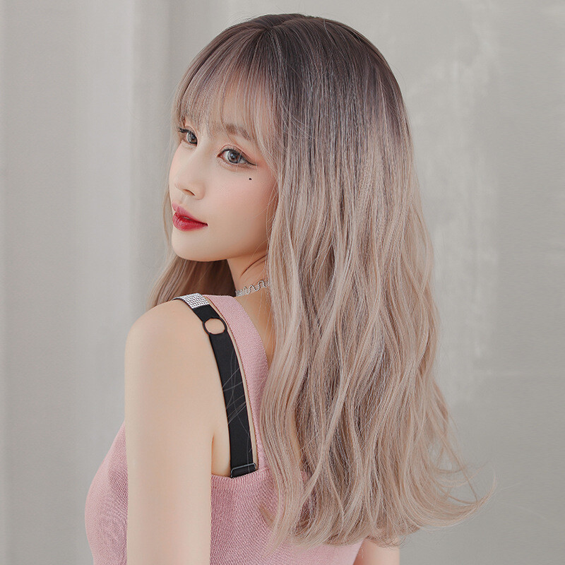 Korean Medium-Length Long Curly Wavy Wig with Bangs, Natural Heat-Resistant Wigs